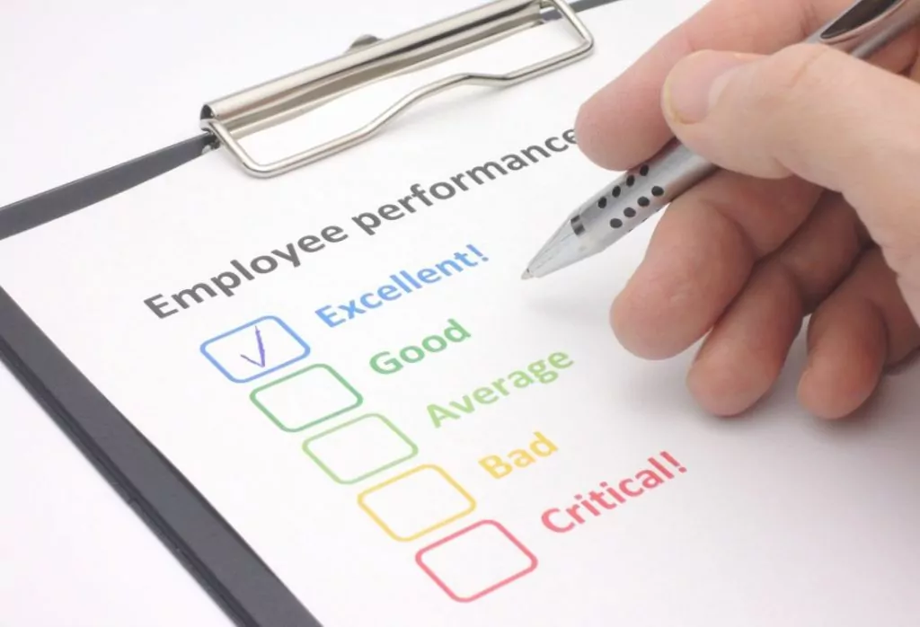 A survey of Employee Performance with the box next to excellent ticked by a manager who has seen a massive improvement from their employees after commercial awareness training. 